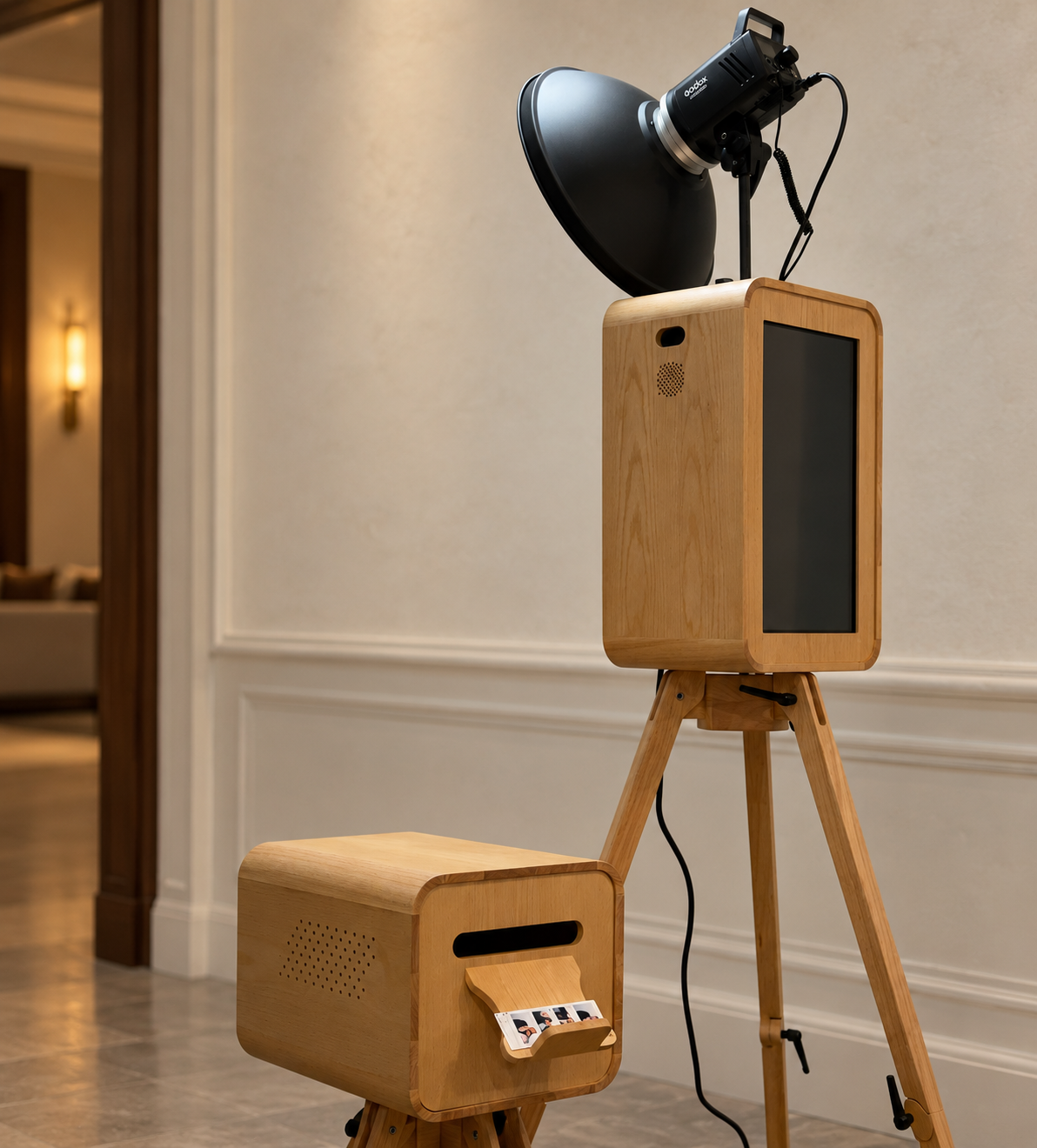 HINH STUDIO handcrafted oak photobooth and matching photo printer with professional studio lighting
